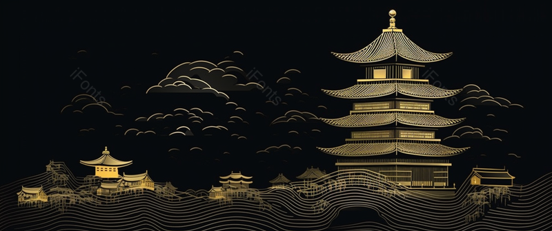 黑金质感国潮风高达古建筑塔手绘横板壁纸,插画/手绘图,插画/手绘图库,插画/手绘图下载,插画/手绘